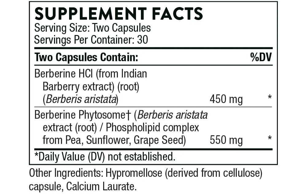 Thorne Berberine for Weight Loss Benefits USA - supplement facts label